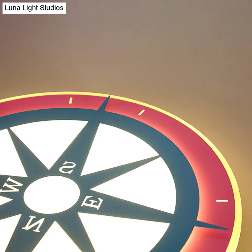 Kids Cartoon Compass Led Flush Mount Light: Red Acrylic Ceiling Lamp For Nurseries