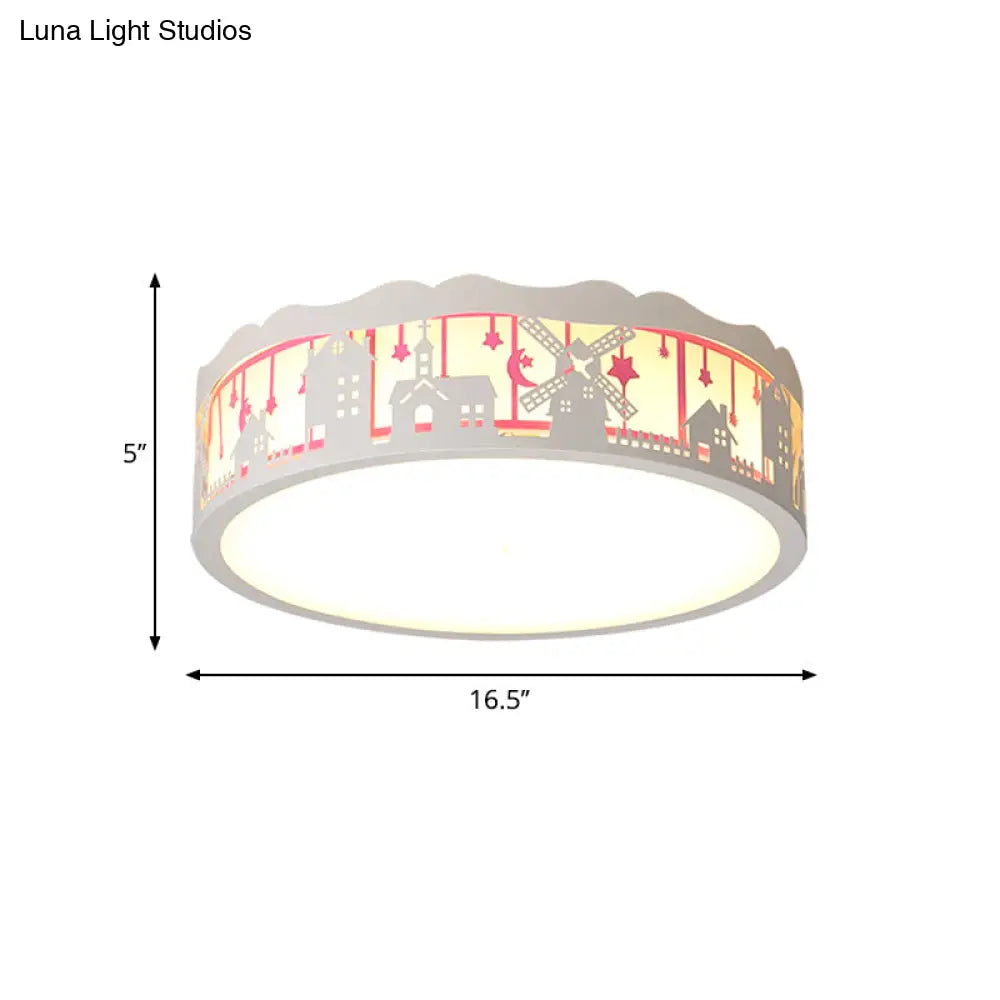 Kids Cartoon House Drum Flushmount Led Ceiling Light In Warm/White - Playroom Lamp