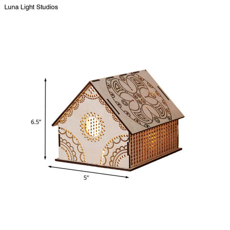 Kids Cottage Mini Night Lamp - Wooden Led Nightstand Light In Brown With Sculpted Flower/Star/Loving