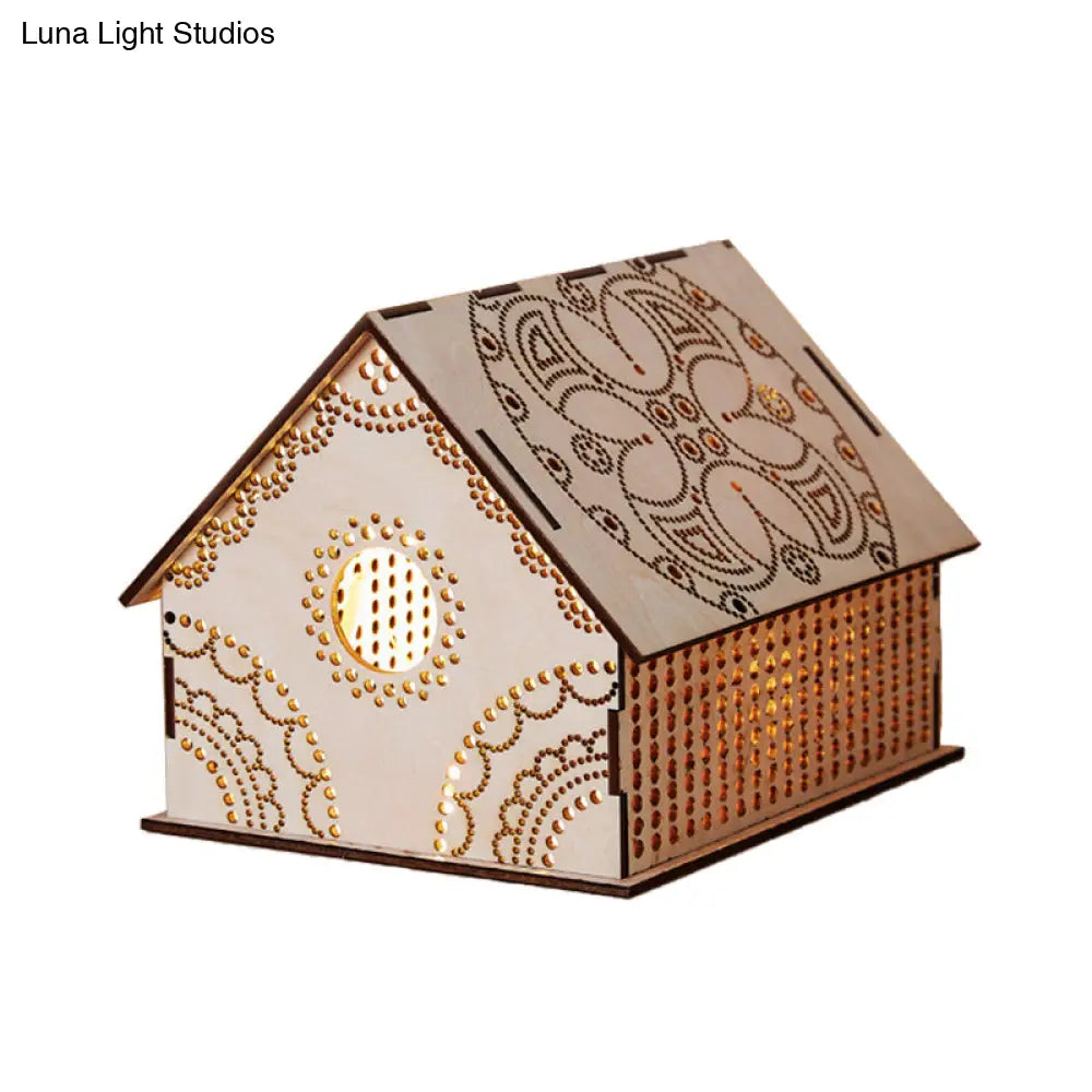 Kids Cottage Mini Night Lamp - Wooden Led Nightstand Light In Brown With Sculpted Flower/Star/Loving