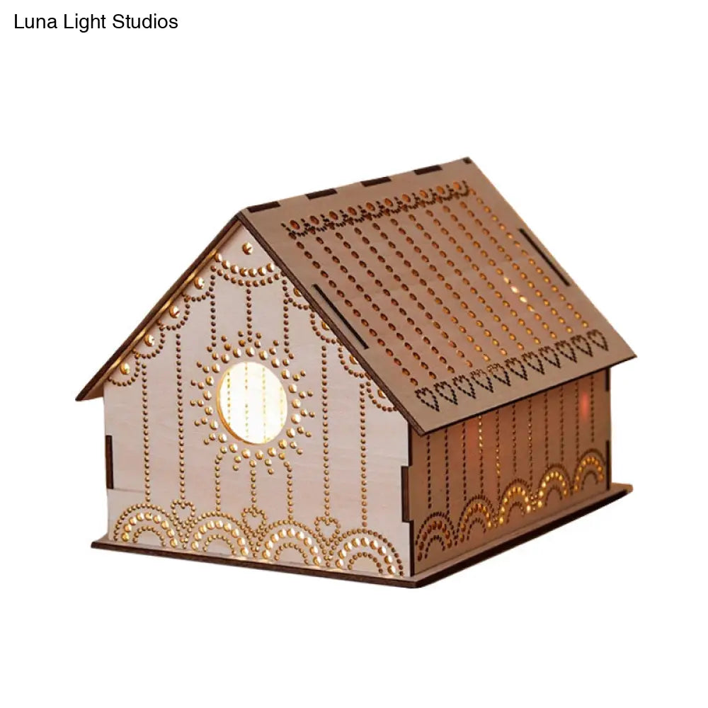 Kids Cottage Mini Night Lamp - Wooden Led Nightstand Light In Brown With Sculpted Flower/Star/Loving