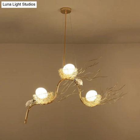 Kids Gold Chandelier - Cafe Thin Branch Pendant Lighting With Egg & Bird Accents 3 Metal Lights