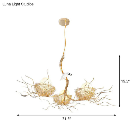 Kids Gold Chandelier - Cafe Thin Branch Pendant Lighting With Egg & Bird Accents 3 Metal Lights