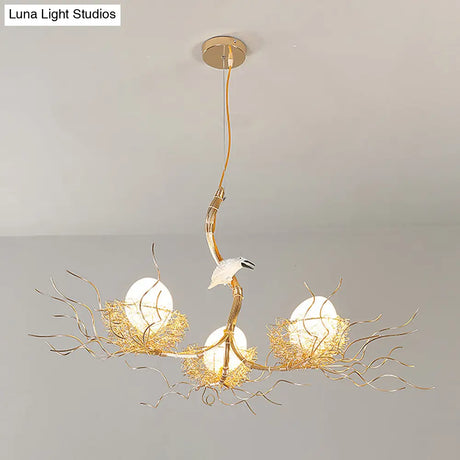 Kids Gold Chandelier - Cafe Thin Branch Pendant Lighting With Egg & Bird Accents 3 Metal Lights
