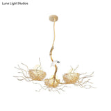 Kids Gold Chandelier - Cafe Thin Branch Pendant Lighting With Egg & Bird Accents 3 Metal Lights
