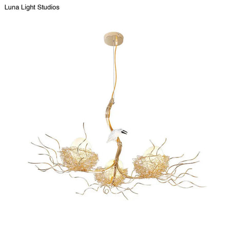 Kids Gold Chandelier - Cafe Thin Branch Pendant Lighting With Egg & Bird Accents 3 Metal Lights