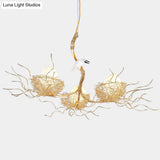 Kids Gold Chandelier - Cafe Thin Branch Pendant Lighting With Egg & Bird Accents 3 Metal Lights