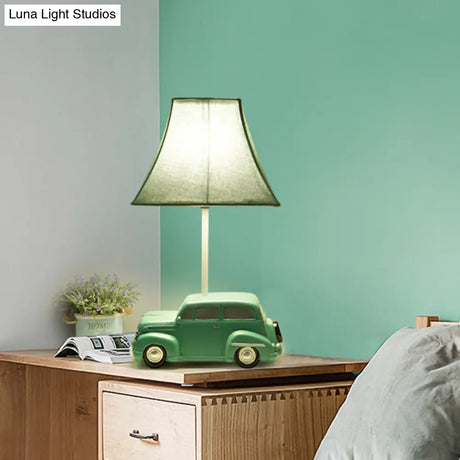 Kids Green Car Resin Table Lamp With Pagoda Fabric Shade - 1 Bulb Nightstand Lighting