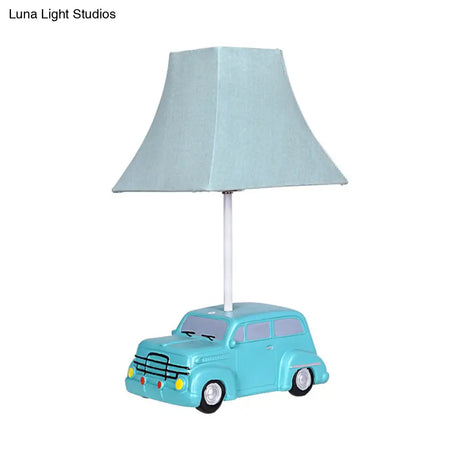 Kids Green Car Resin Table Lamp With Pagoda Fabric Shade - 1 Bulb Nightstand Lighting