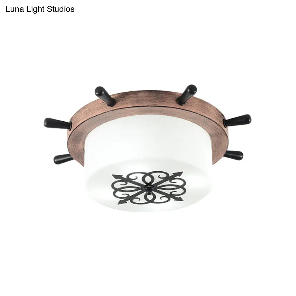 Kids’ Led Ceiling Light With White Glass Drum And Rudder Blue/Brown Canopy