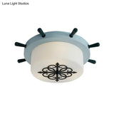 Kids’ Led Ceiling Light With White Glass Drum And Rudder Blue/Brown Canopy