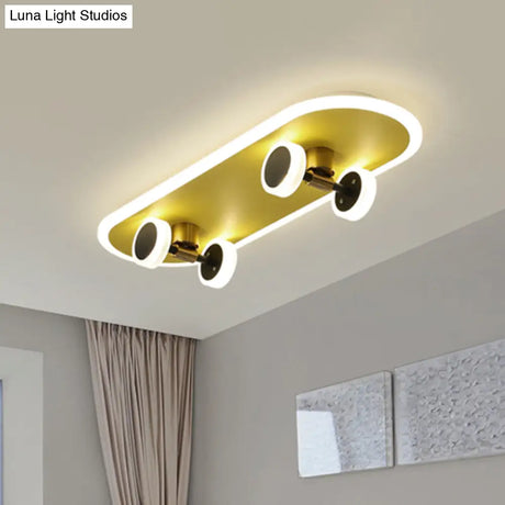 Kid’s Led Gold Skateboard Ceiling Light For Boys Bedroom - Acrylic Flush Mount Fixture