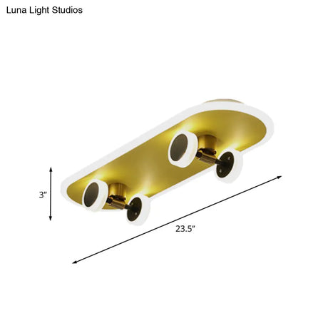 Kid’s Led Gold Skateboard Ceiling Light For Boys Bedroom - Acrylic Flush Mount Fixture