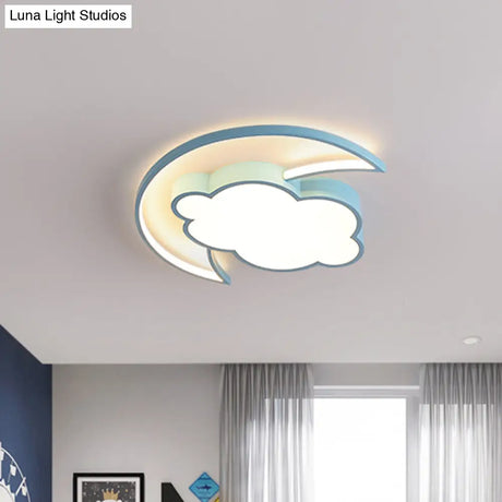 Kid’s Led Moon And Cloud Flushmount Ceiling Light In Blue/Pink