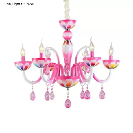 Kids Pink Nursing Room Chandelier Pendant Light With Crystal Deco - Metal Finish
