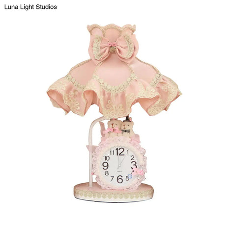 Kids Pink Scalloped Nightstand Light With Fabric Shade Clock And 1 Bulb
