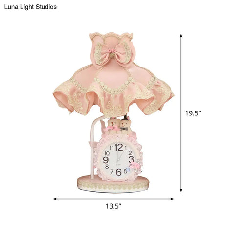 Kids Pink Scalloped Nightstand Light With Fabric Shade Clock And 1 Bulb