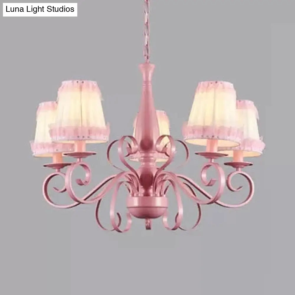 Kids Pink Tapered Shade Chandelier - 5 Light Metal Hanging Lamp For Living Room