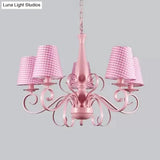 Kids Pink Tapered Shade Chandelier - 5 Light Metal Hanging Lamp For Living Room