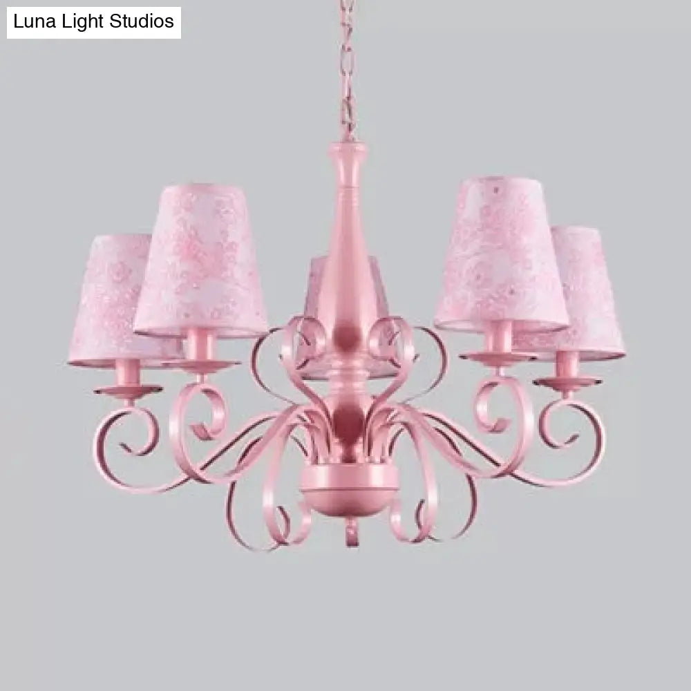 Kids Pink Tapered Shade Chandelier - 5 Light Metal Hanging Lamp For Living Room