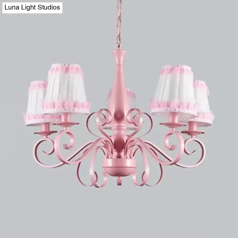 Kids Pink Tapered Shade Chandelier - 5 Light Metal Hanging Lamp For Living Room