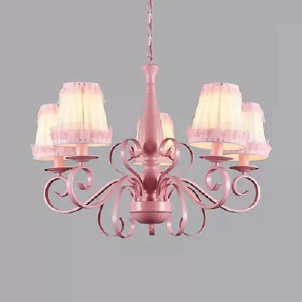 Kids Pink Tapered Shade Chandelier - 5 Light Metal Hanging Lamp For Living Room / Lace