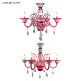Kids Pink Teardrop Crystal Pendant Light: Candle-Shaped Metal Hanging Light For Girls Room