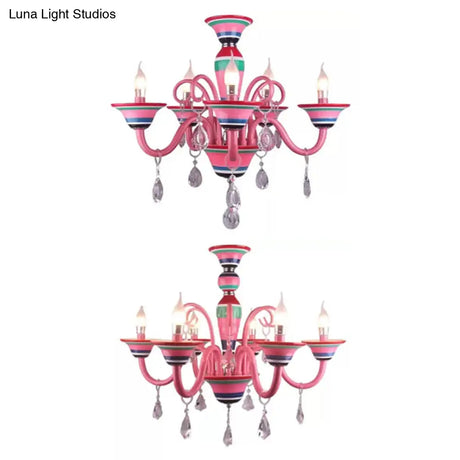 Kids Pink Teardrop Crystal Pendant Light: Candle-Shaped Metal Hanging Light For Girls Room