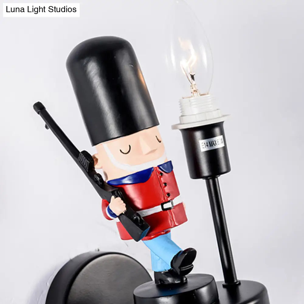 Kids Study Room Soldier Wall Lamp: Resin Single Light Sconce With Candle