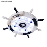 Kids Style 8 - Bulb Led Flush Ceiling Light - Rudder Wooden Flushmount With Fishnet Deco