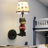 Kids Style Fabric Wall Sconce - Empire Shade Single Black Mount Light With Trooper Deco / Star