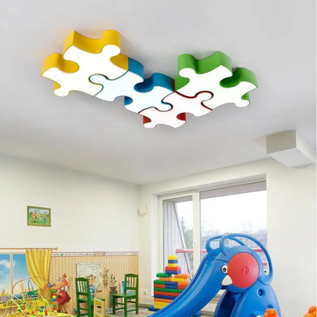 Kids Style Jigsaw Puzzles Ceiling Flush Light - Acrylic Led Flushmount In Red/Yellow & White