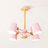Kids Wood Chandelier: Macaron Style Hanging Fixture For Bedroom With Rod And Tapered Shade 4 / Pink
