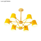 Kids Wood Chandelier: Macaron Style Hanging Fixture For Bedroom With Rod And Tapered Shade