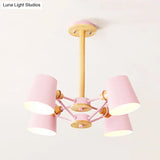 Kids Wood Chandelier: Macaron Style Hanging Fixture For Bedroom With Rod And Tapered Shade