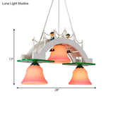 Kids Wooden Bridge Pink Glass Bell Chandelier Pendant - 3-Light Down Lighting