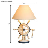 Kids Wooden Table Light - Lifebuoy/Rudder 5-Light Blue Nightstand Lamp With Conical Fabric Shade