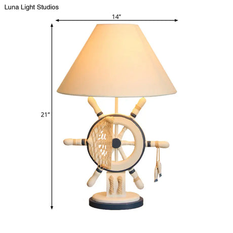 Kids Wooden Table Light - Lifebuoy/Rudder 5-Light Blue Nightstand Lamp With Conical Fabric Shade
