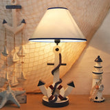 Kids Wooden Table Light - Lifebuoy/Rudder 5-Light Blue Nightstand Lamp With Conical Fabric Shade / F