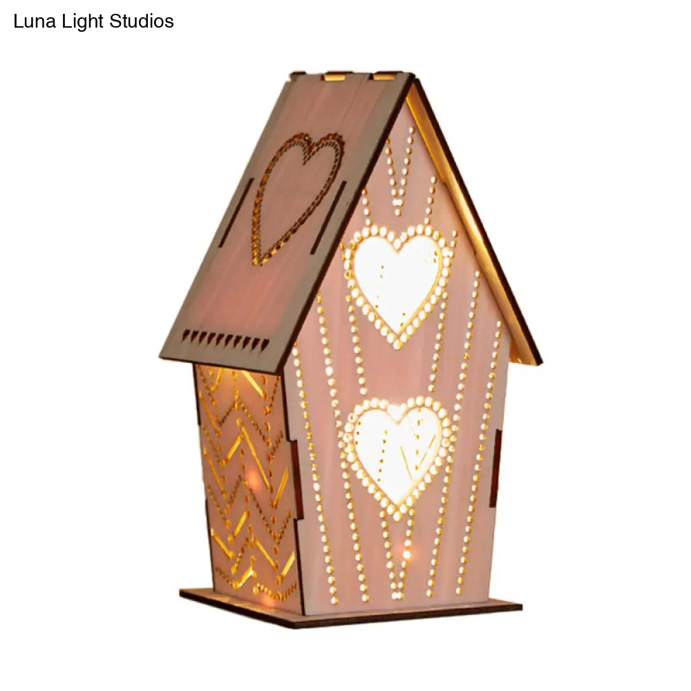 Kids Wooden Usb Led Table Night Light With Loving Heart/Star/Flower Pattern - Brown Lodge Small Size