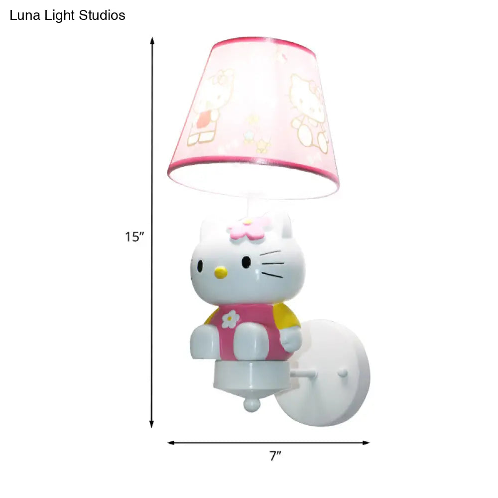 Kitty Girls Room Wall Lighting: Cute Pink Resin Cartoon Sconce Fixture With Fabric Shade