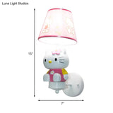 Kitty Girls Room Wall Lighting: Cute Pink Resin Cartoon Sconce Fixture With Fabric Shade