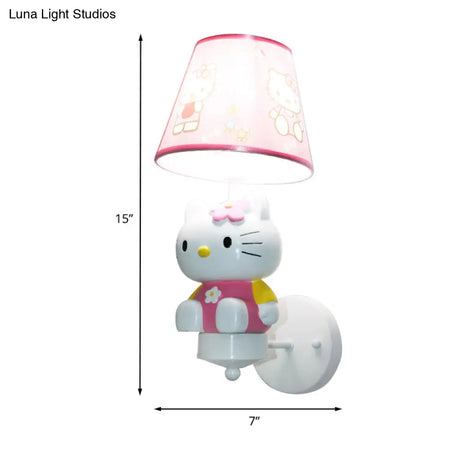 Kitty Girls Room Wall Lighting: Cute Pink Resin Cartoon Sconce Fixture With Fabric Shade