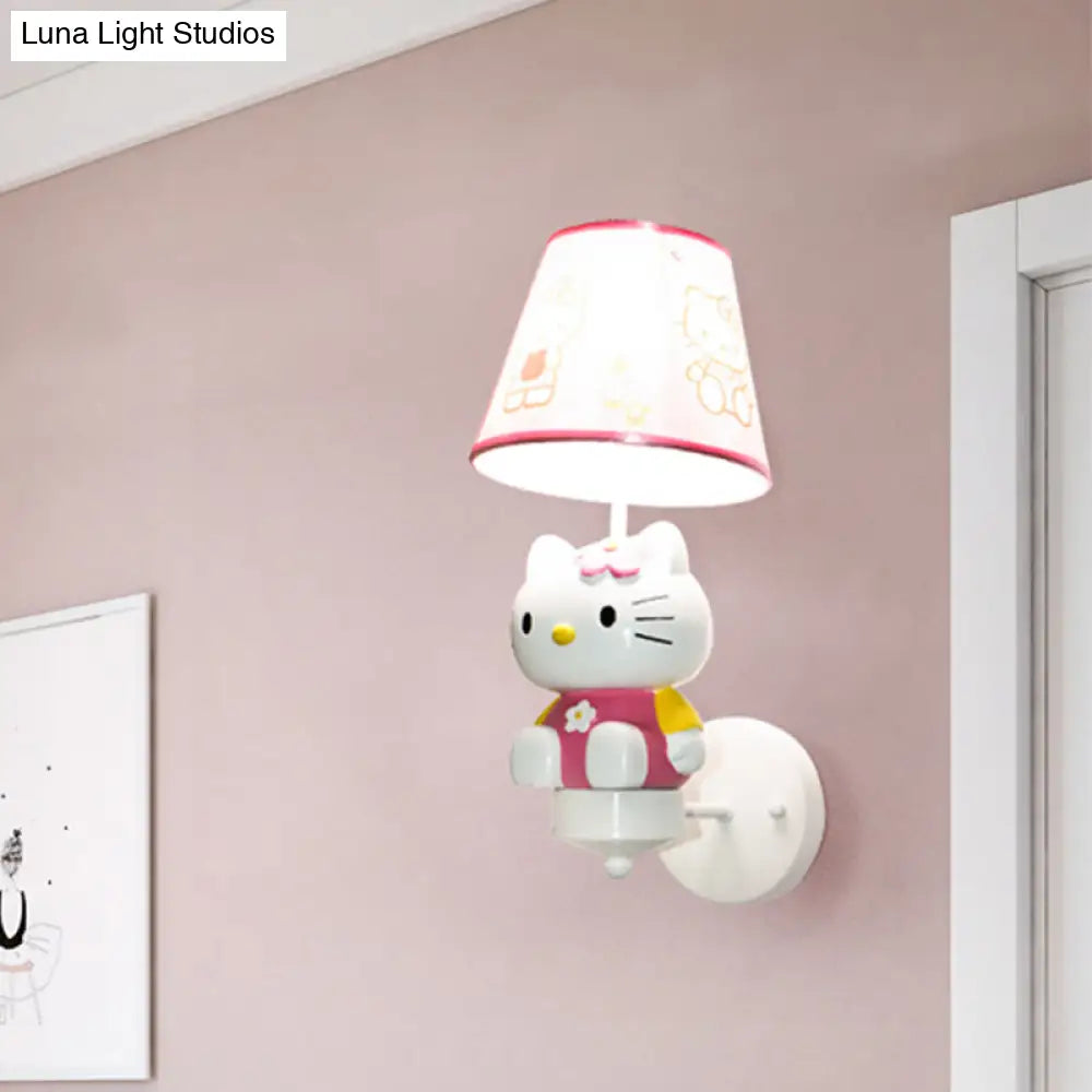 Kitty Girls Room Wall Lighting: Cute Pink Resin Cartoon Sconce Fixture With Fabric Shade