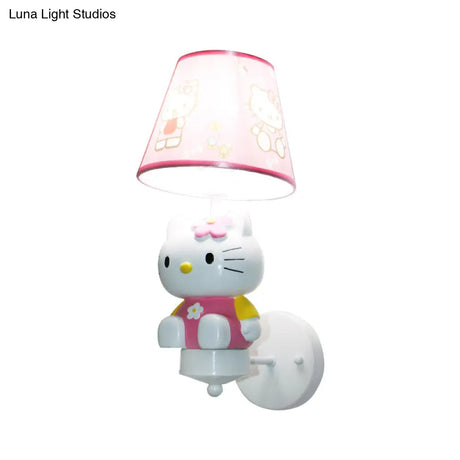 Kitty Girls Room Wall Lighting: Cute Pink Resin Cartoon Sconce Fixture With Fabric Shade