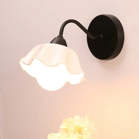Korean Flower Ceramic Ruffled Wall Sconce Light - 1-Light Bedroom Fixture Black