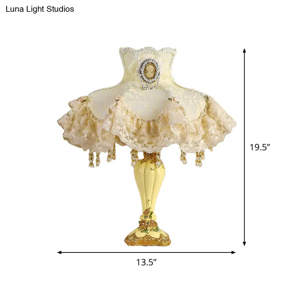 Korean Garden 1 Head Night Table Light - Beige Fabric Frill Lace Trim Urn Base