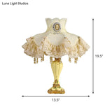 Korean Garden 1 Head Night Table Light - Beige Fabric Frill Lace Trim Urn Base