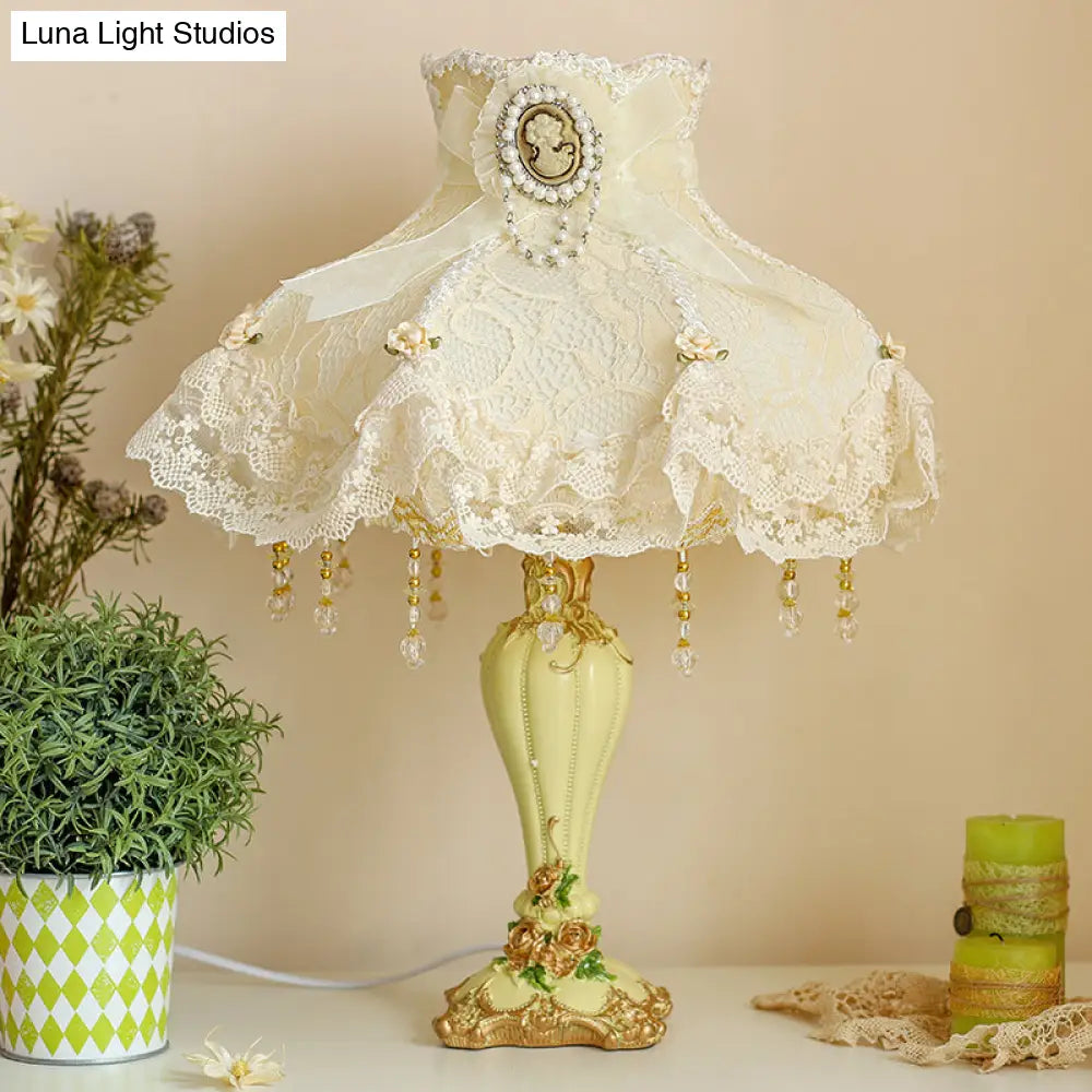 Korean Garden 1 Head Night Table Light - Beige Fabric Frill Lace Trim Urn Base