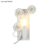 Korean Garden Iron Candle Sconce: White Wall Mount Lamp With Carved Rose Décor
